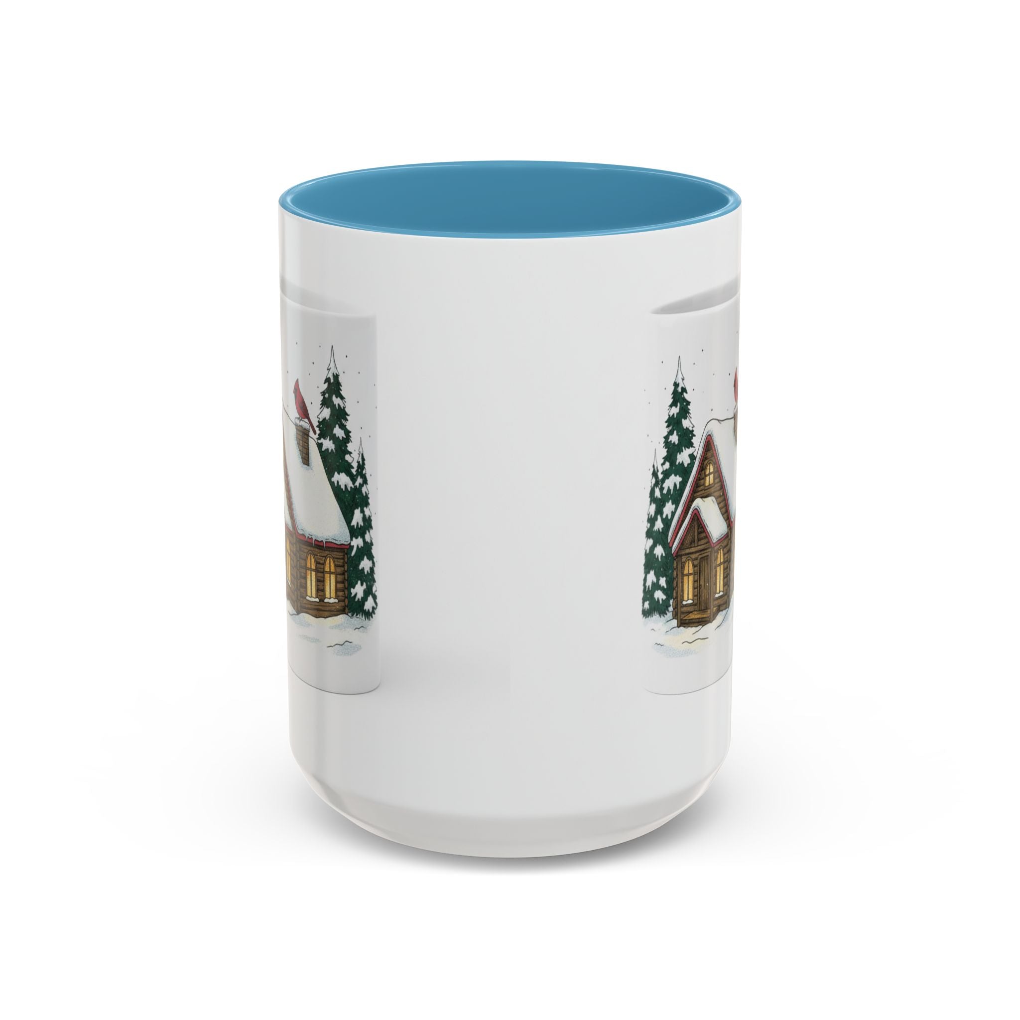 Winter Cabin Coffee Mug — Snowy Log Cottage with Cardinal Accent (11/15oz)