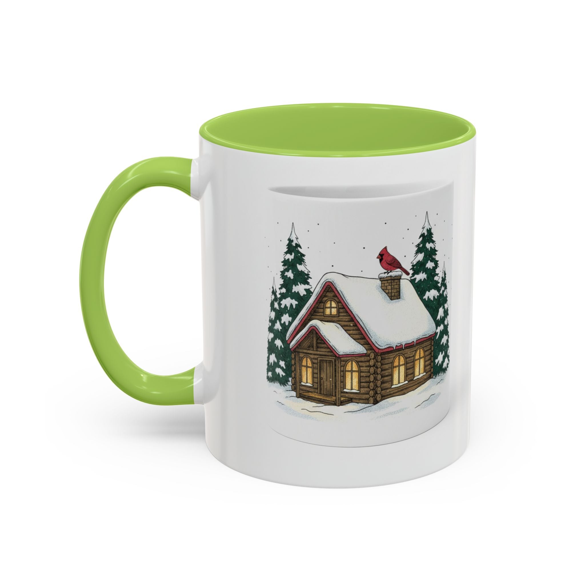 Winter Cabin Coffee Mug — Snowy Log Cottage with Cardinal Accent (11/15oz)
