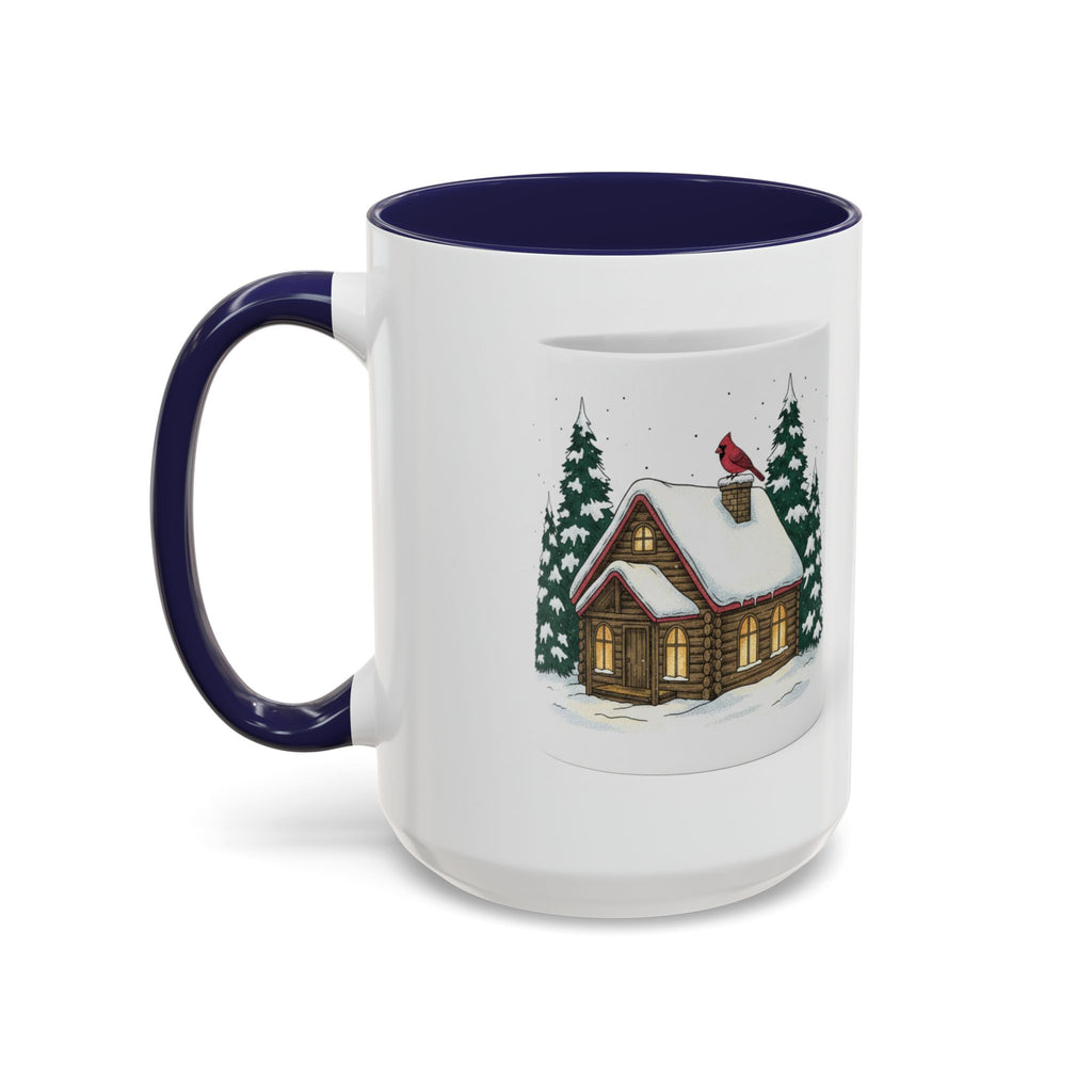 Winter Cabin Coffee Mug — Snowy Log Cottage with Cardinal Accent (11/15oz)