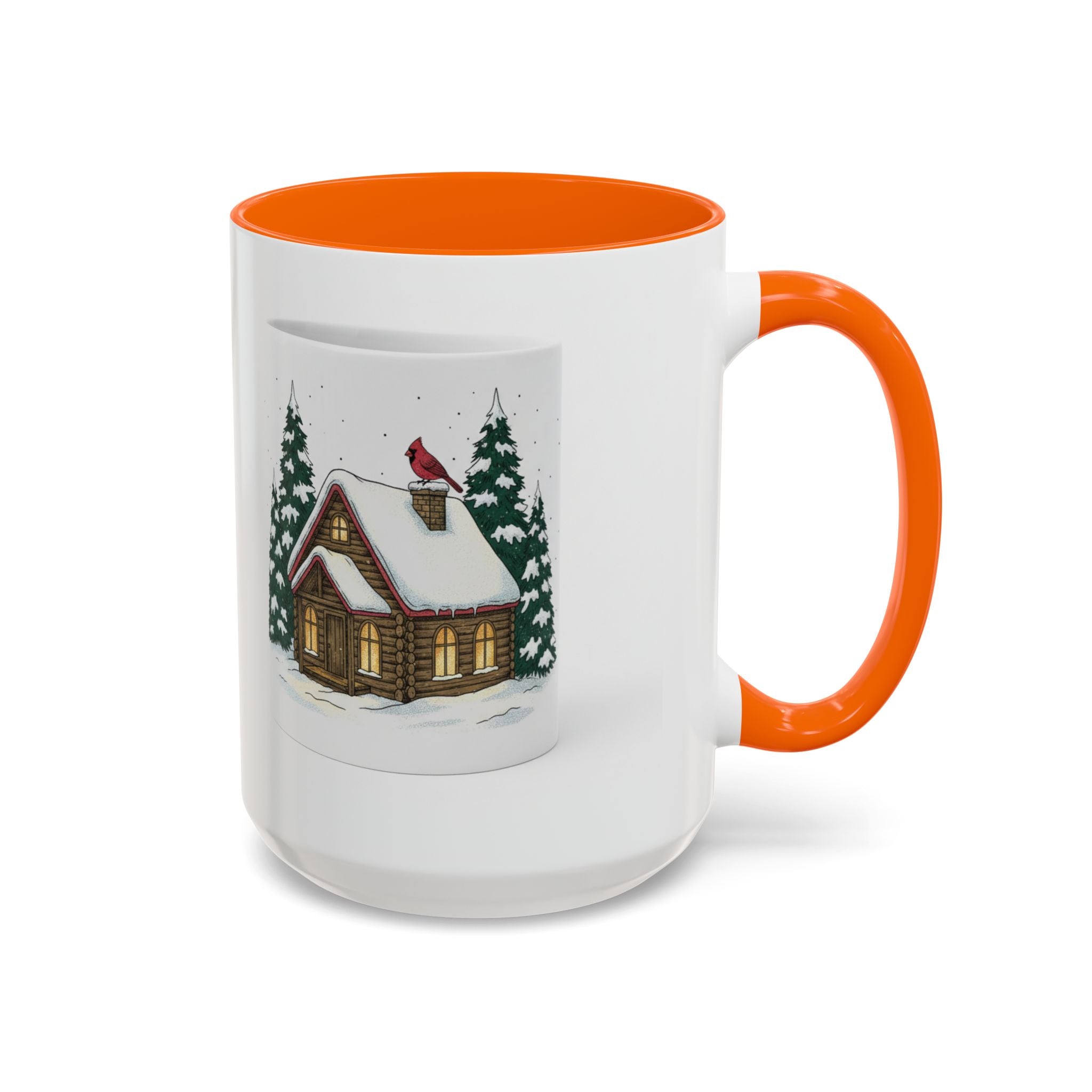 Winter Cabin Coffee Mug — Snowy Log Cottage with Cardinal Accent (11/15oz)