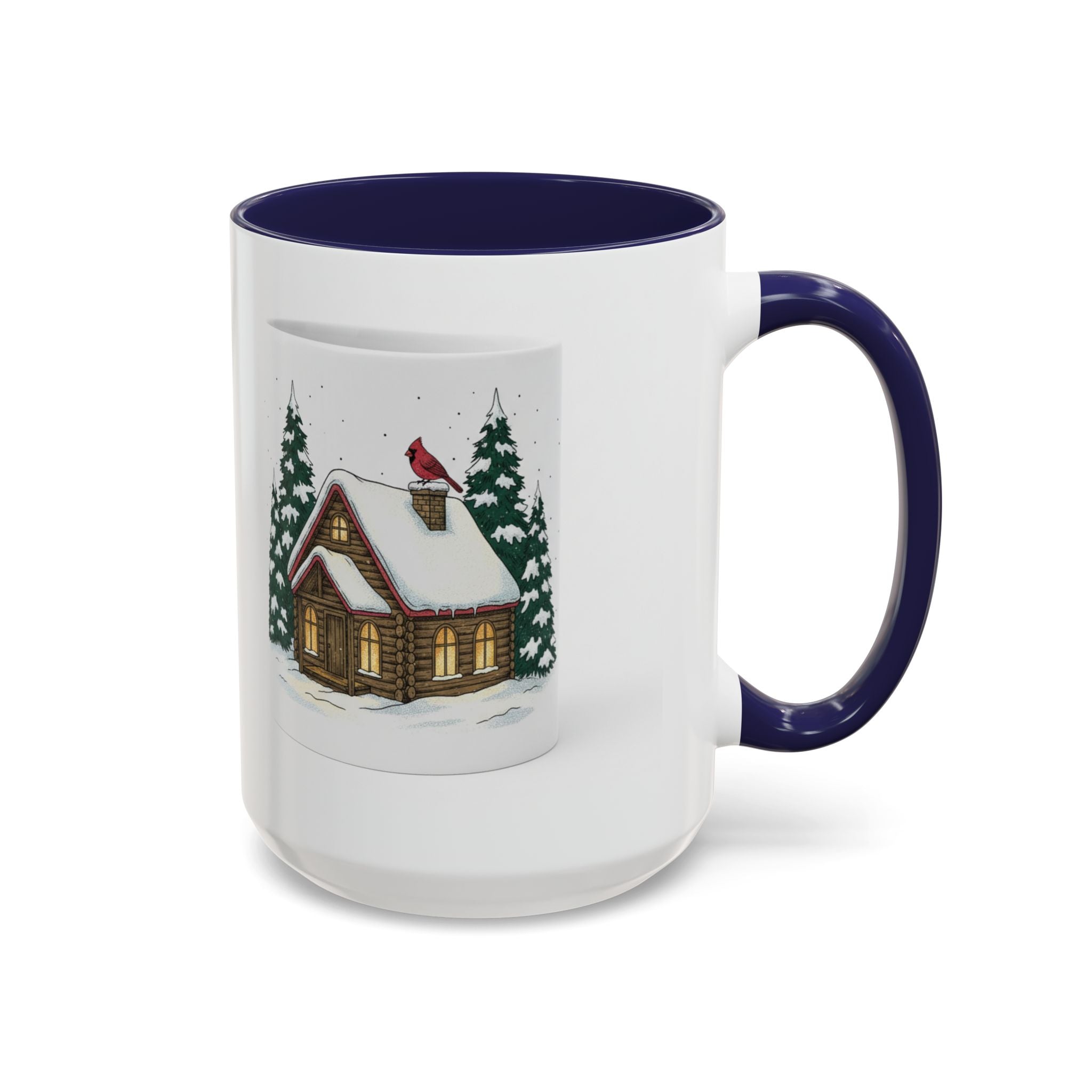 Winter Cabin Coffee Mug — Snowy Log Cottage with Cardinal Accent (11/15oz)