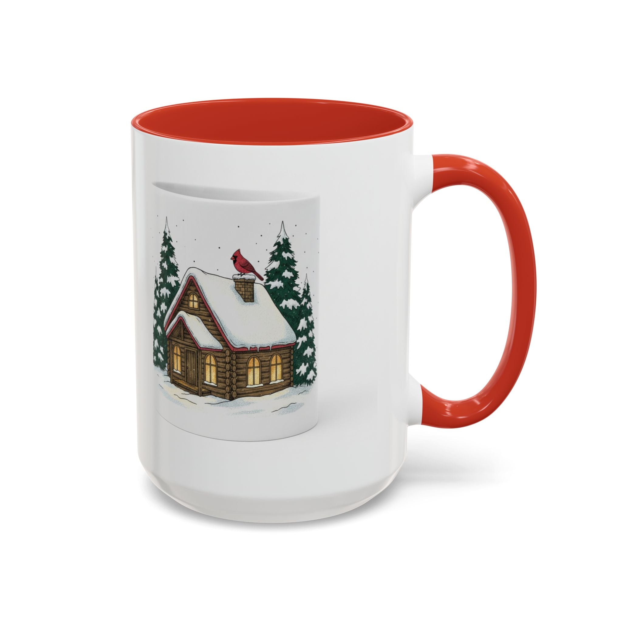 Winter Cabin Coffee Mug — Snowy Log Cottage with Cardinal Accent (11/15oz)