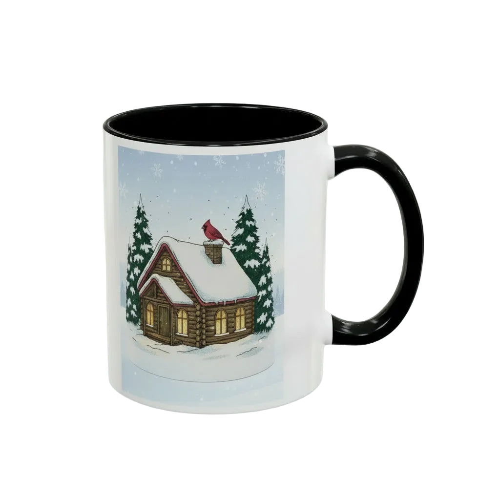 Winter Cabin Coffee Mug — Snowy Log Cottage with Cardinal Accent (11/15oz)