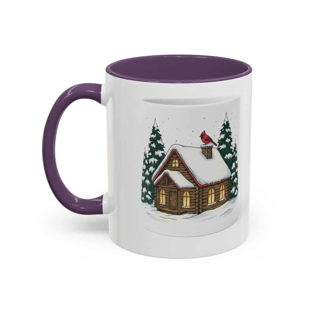Winter Cabin Coffee Mug — Snowy Log Cottage with Cardinal Accent (11/15oz)