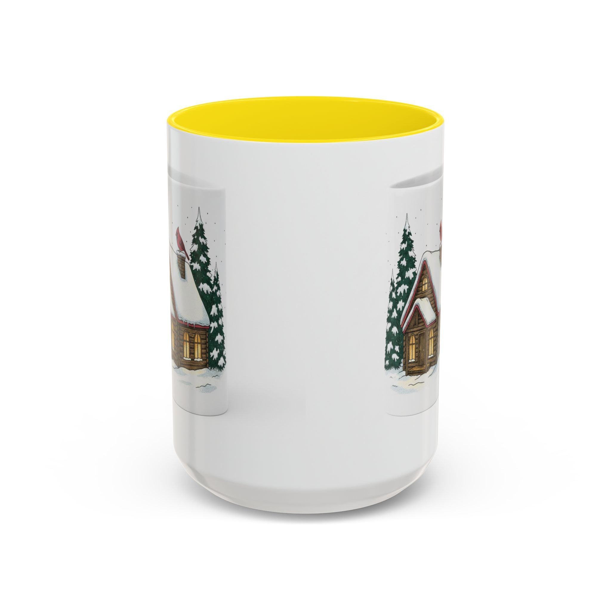 Winter Cabin Coffee Mug — Snowy Log Cottage with Cardinal Accent (11/15oz)
