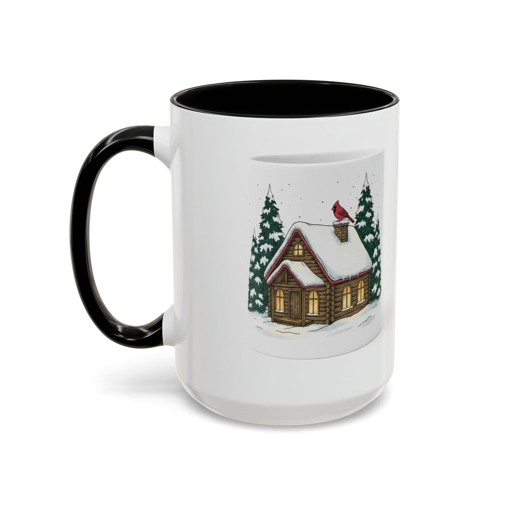Winter Cabin Coffee Mug — Snowy Log Cottage with Cardinal Accent (11/15oz)