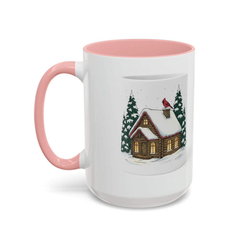 Winter Cabin Coffee Mug — Snowy Log Cottage with Cardinal Accent (11/15oz)