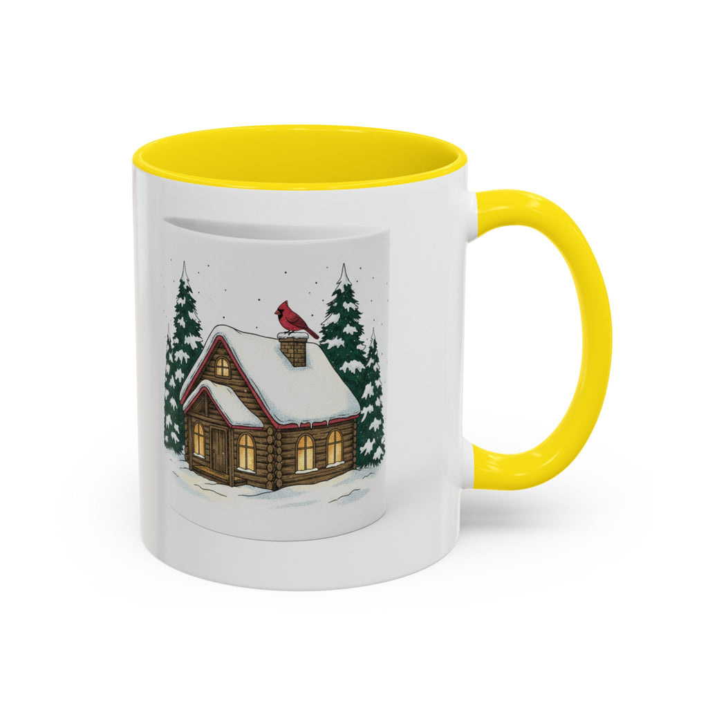 Winter Cabin Coffee Mug — Snowy Log Cottage with Cardinal Accent (11/15oz)