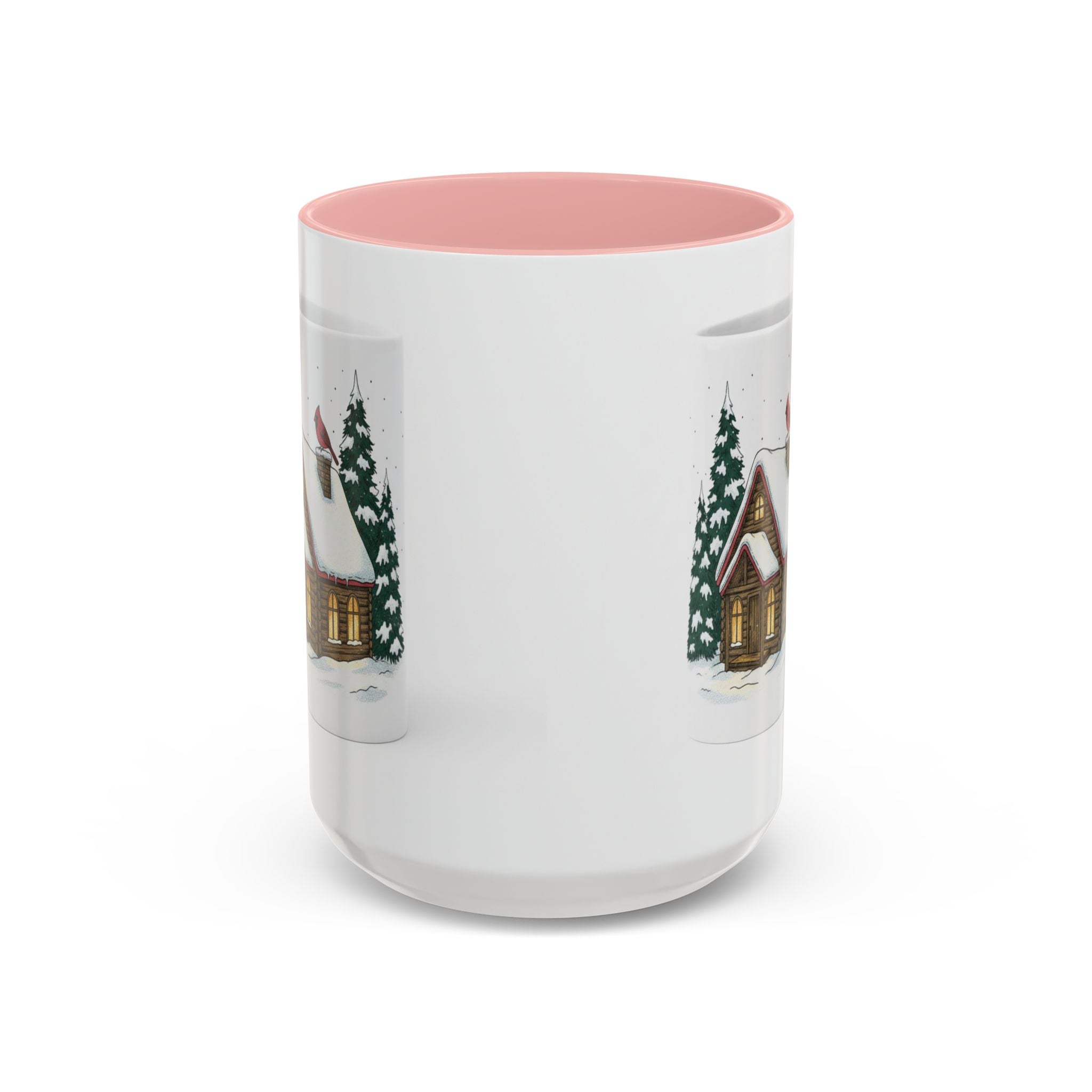 Winter Cabin Coffee Mug — Snowy Log Cottage with Cardinal Accent (11/15oz)