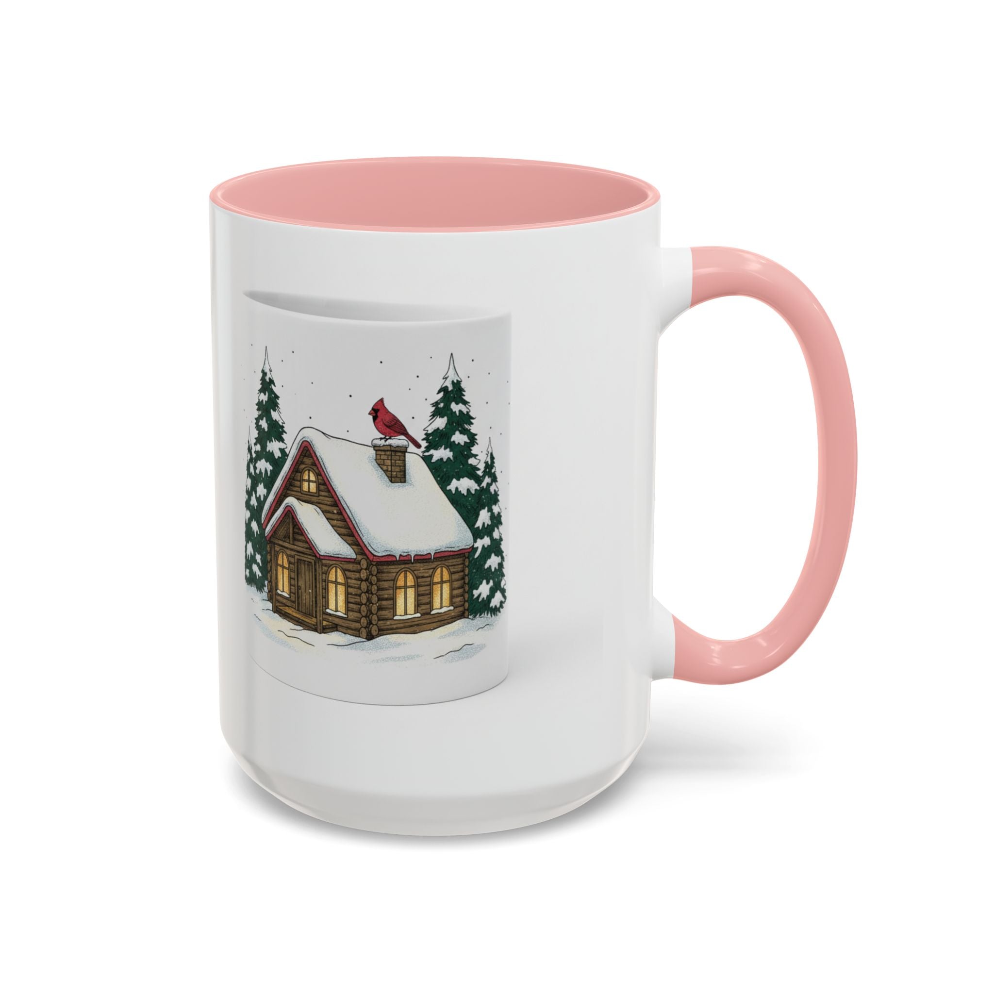 Winter Cabin Coffee Mug — Snowy Log Cottage with Cardinal Accent (11/15oz)