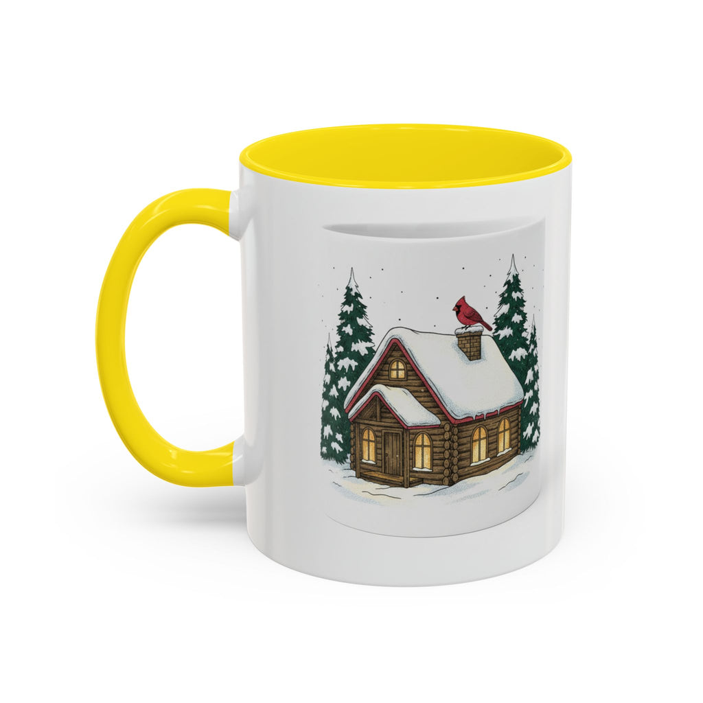 Winter Cabin Coffee Mug — Snowy Log Cottage with Cardinal Accent (11/15oz)