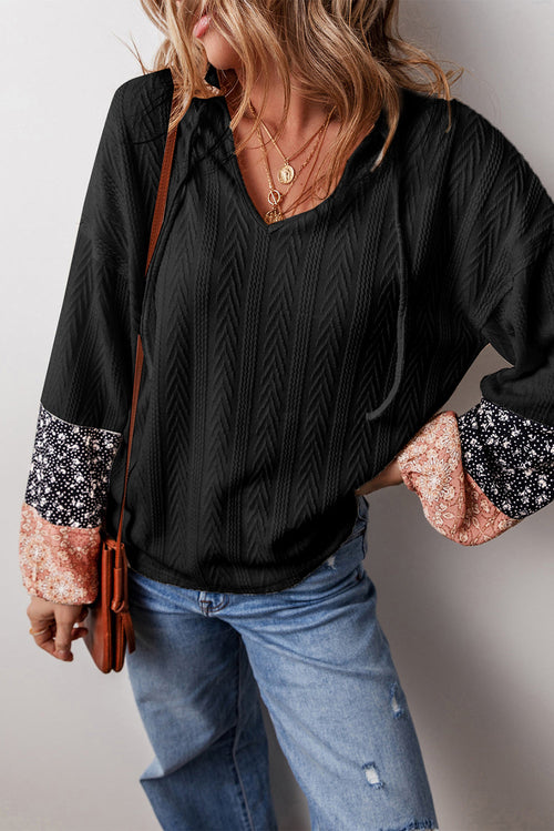 Floral Patchwork Textured Knit V-Neck Blouse