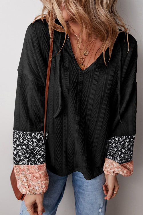 Floral Patchwork Textured Knit V-Neck Blouse