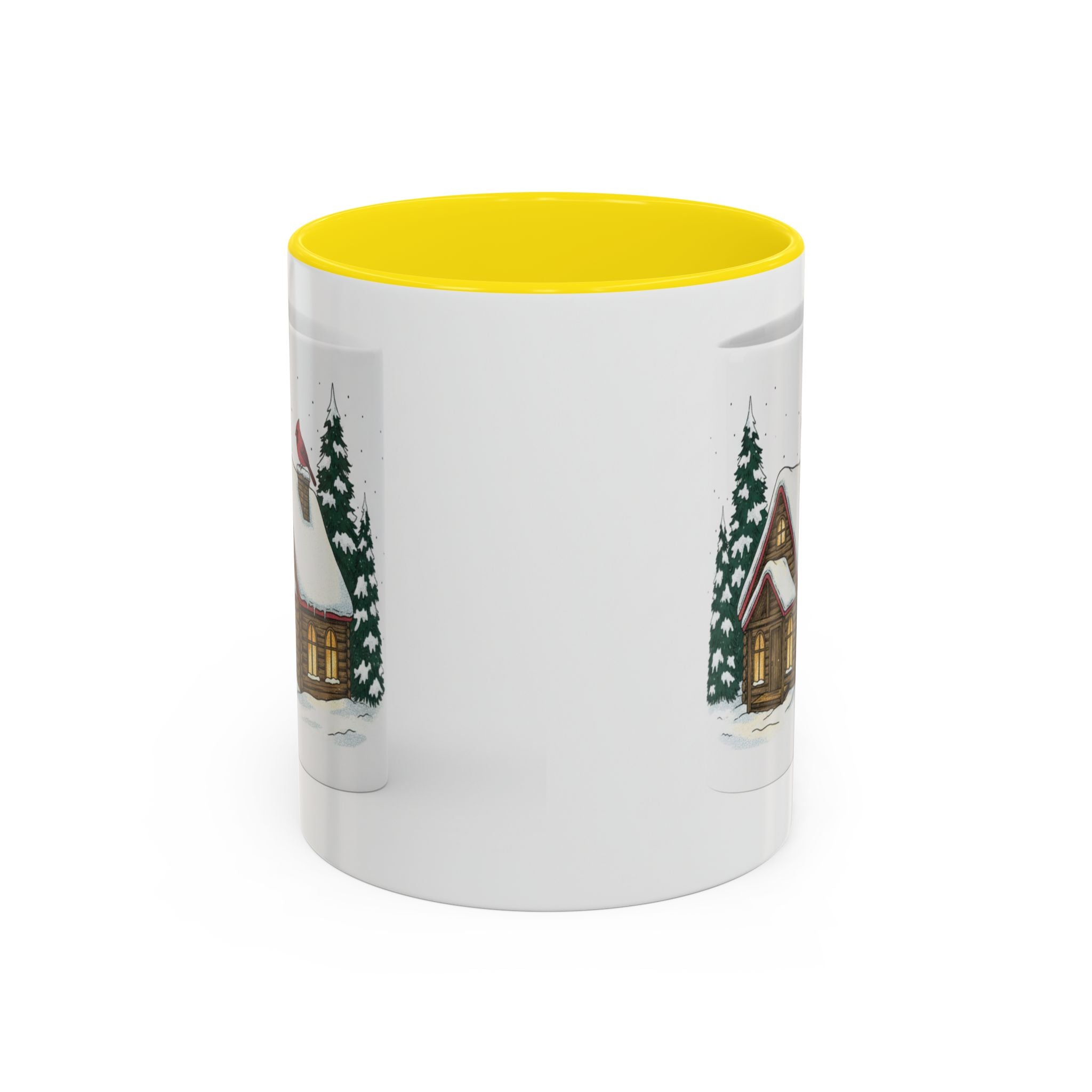 Winter Cabin Coffee Mug — Snowy Log Cottage with Cardinal Accent (11/15oz)