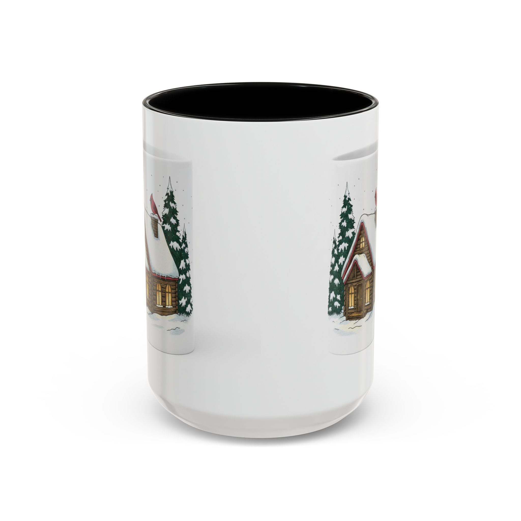 Winter Cabin Coffee Mug — Snowy Log Cottage with Cardinal Accent (11/15oz)