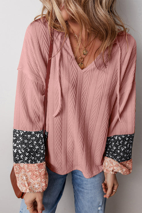 Floral Patchwork Textured Knit V-Neck Blouse