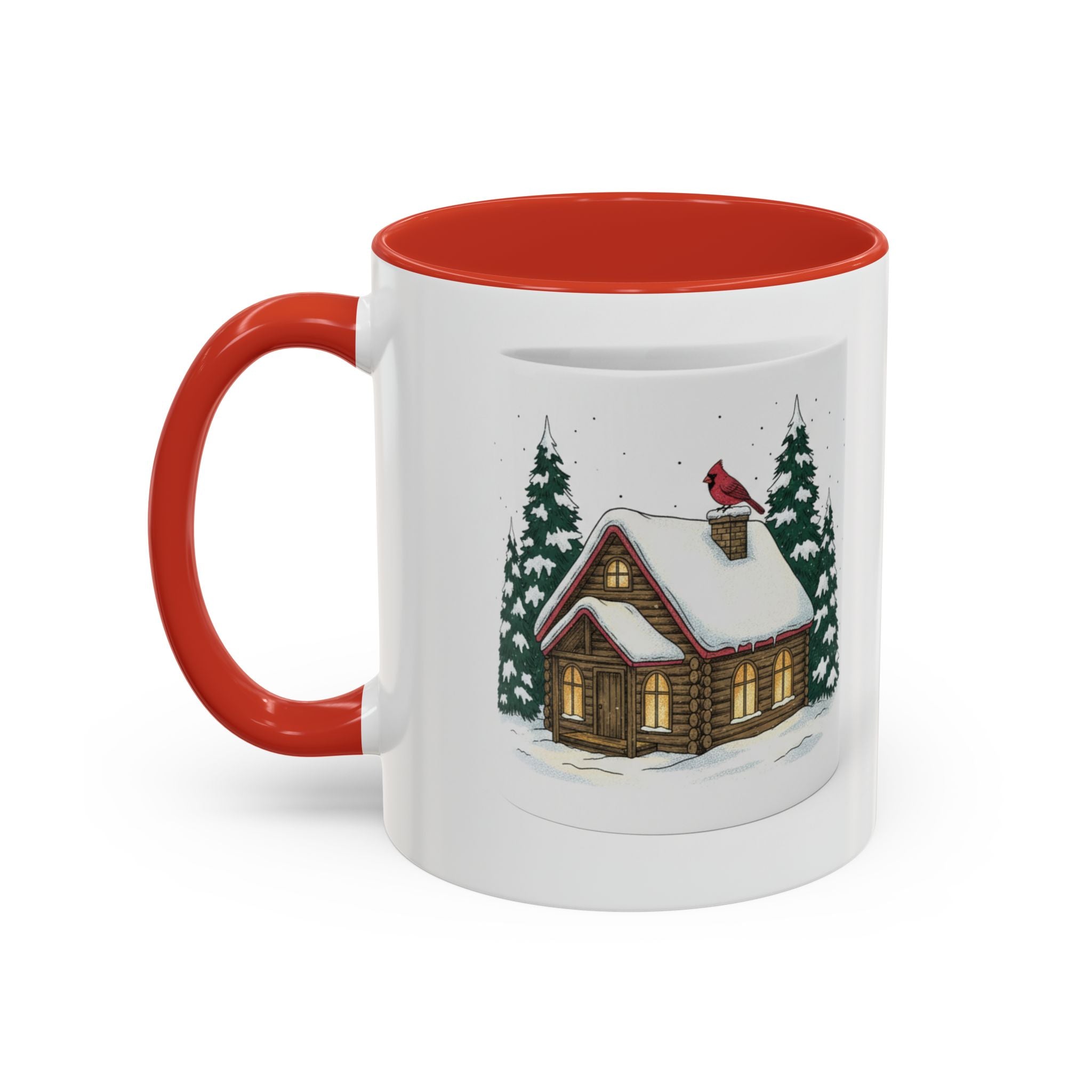 Winter Cabin Coffee Mug — Snowy Log Cottage with Cardinal Accent (11/15oz)
