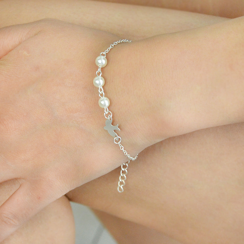 Silver Colour Chain Pearl Decor Bird Bracelet Girls Teens Minimalist Jewellery
