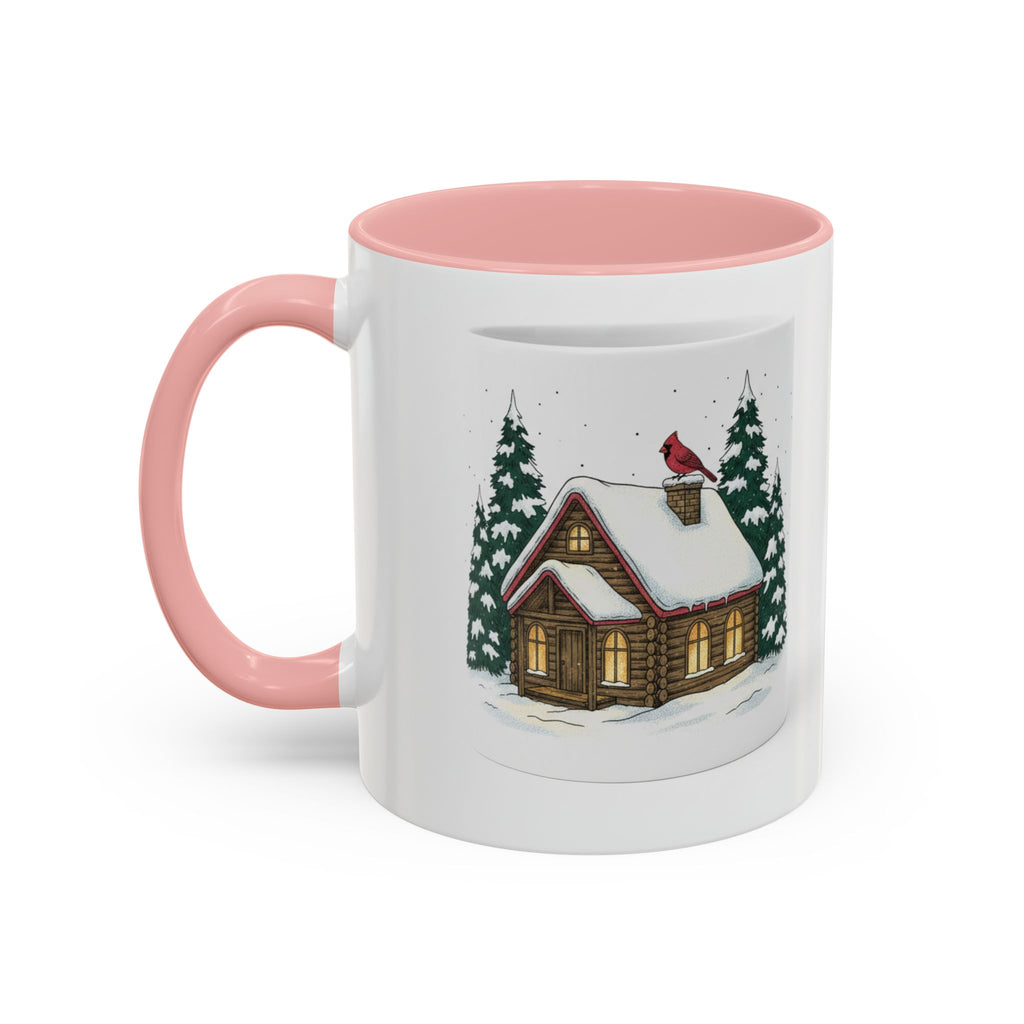 Winter Cabin Coffee Mug — Snowy Log Cottage with Cardinal Accent (11/15oz)