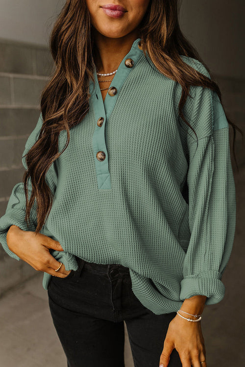 Pink Waffle Long Sleeve Collared Half Button Relaxed Fit Top