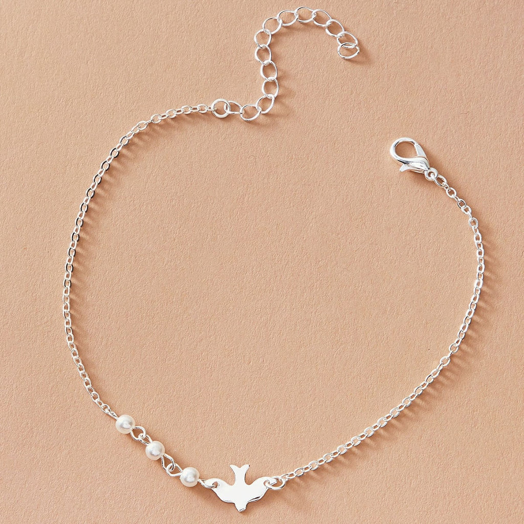 Silver Colour Chain Pearl Decor Bird Bracelet Girls Teens Minimalist Jewellery
