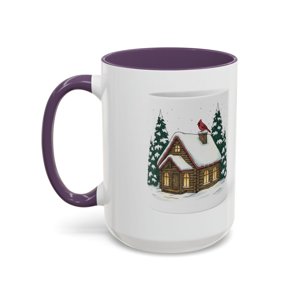 Winter Cabin Coffee Mug — Snowy Log Cottage with Cardinal Accent (11/15oz)