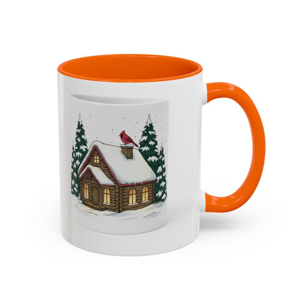 Winter Cabin Coffee Mug — Snowy Log Cottage with Cardinal Accent (11/15oz)