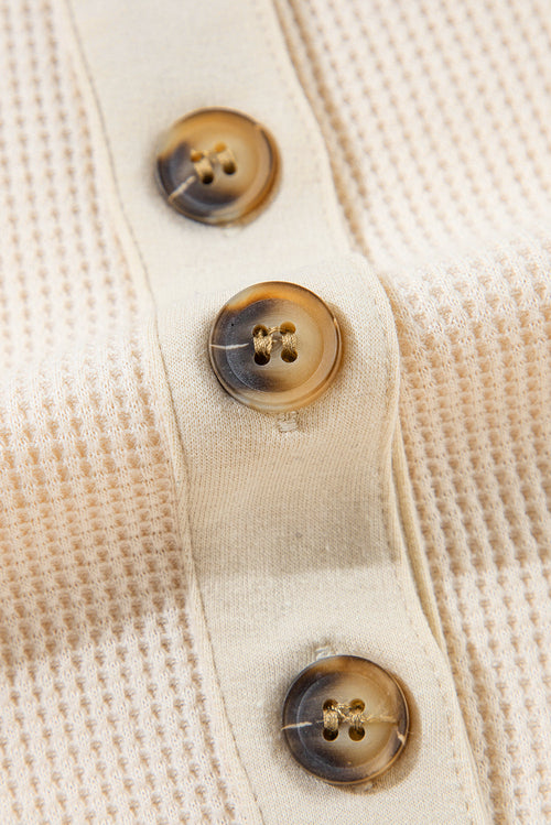 Pink Waffle Long Sleeve Collared Half Button Relaxed Fit Top