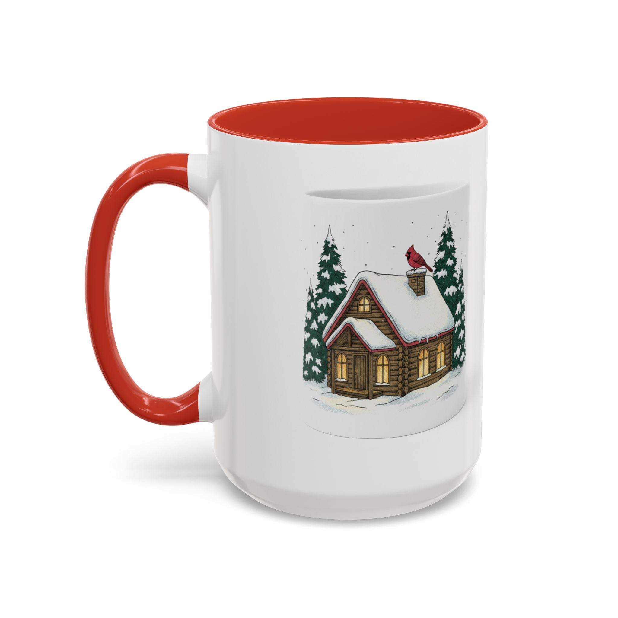 Winter Cabin Coffee Mug — Snowy Log Cottage with Cardinal Accent (11/15oz)