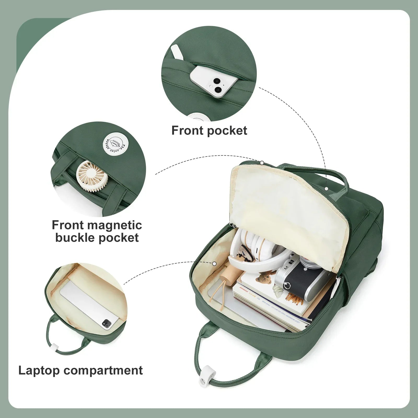 NNEOBA School Nylon Backpack for Teens and Women (Olive)