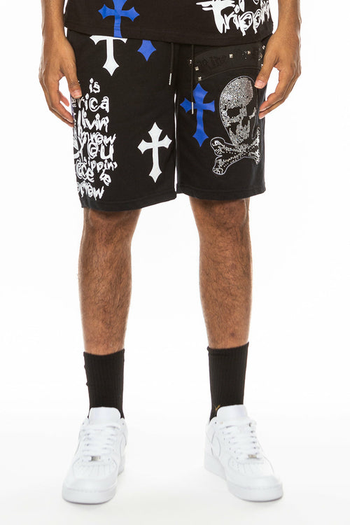 Bejewelled Chrome Skull Shorts EMS4107