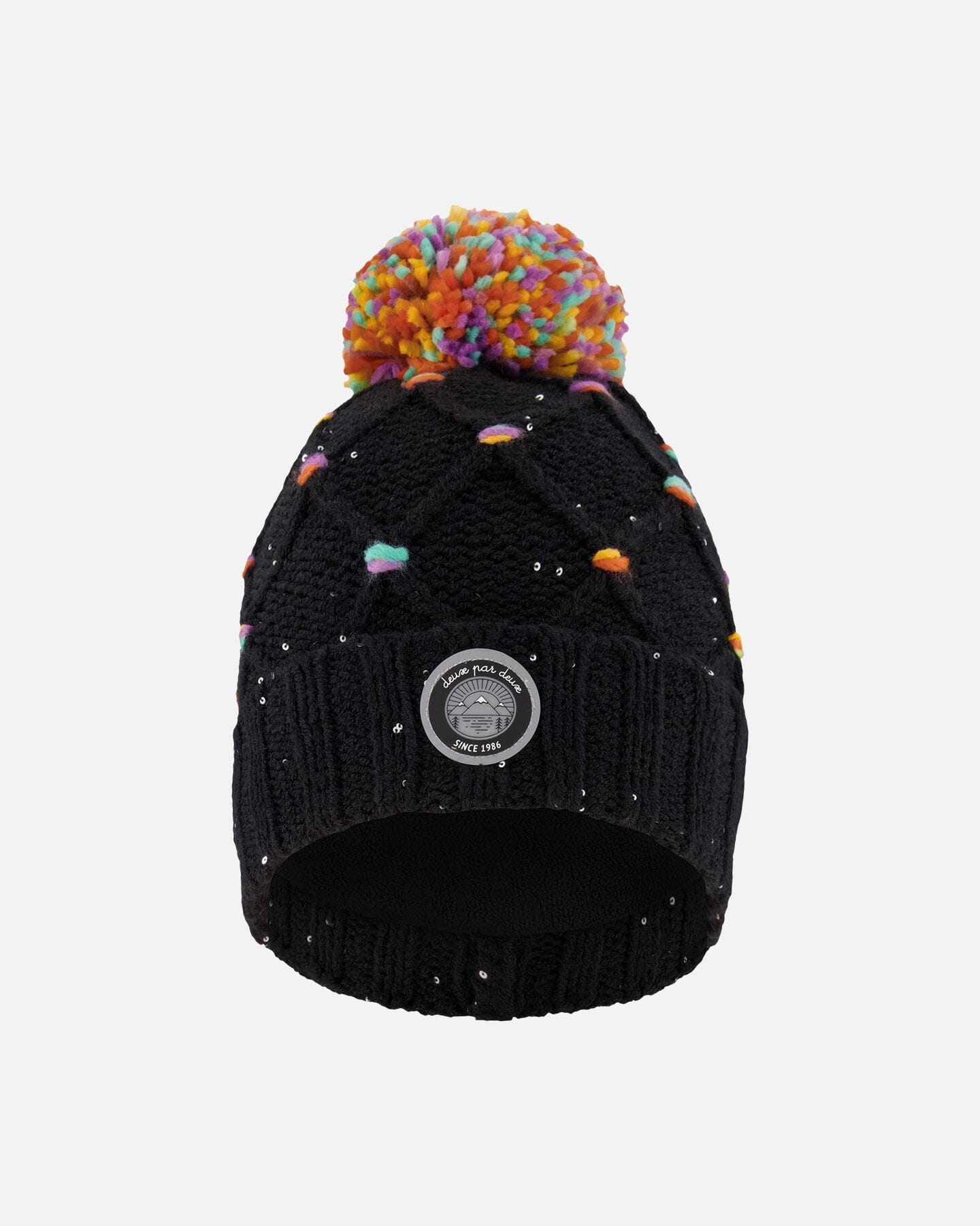 Lined Knit Pompom Hat Black And Multicolor With Little Sequins