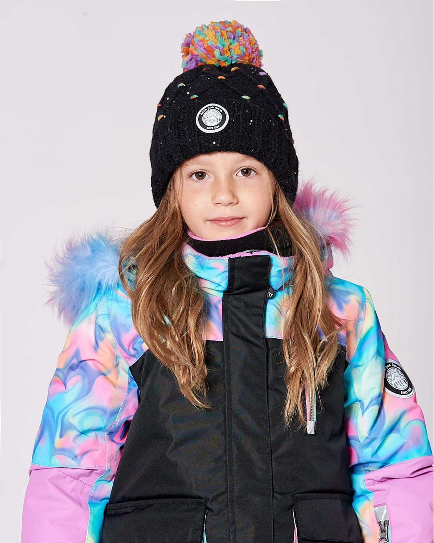 Lined Knit Pompom Hat Black And Multicolor With Little Sequins