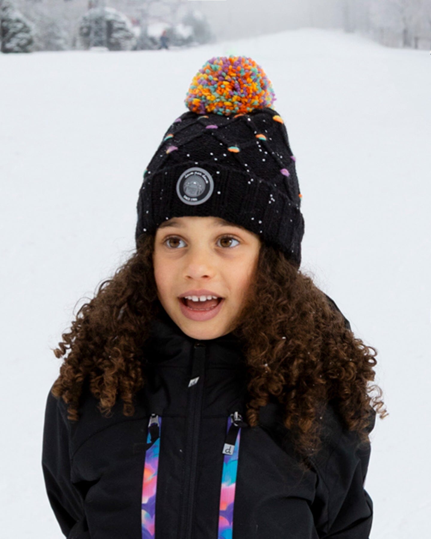 Lined Knit Pompom Hat Black And Multicolor With Little Sequins