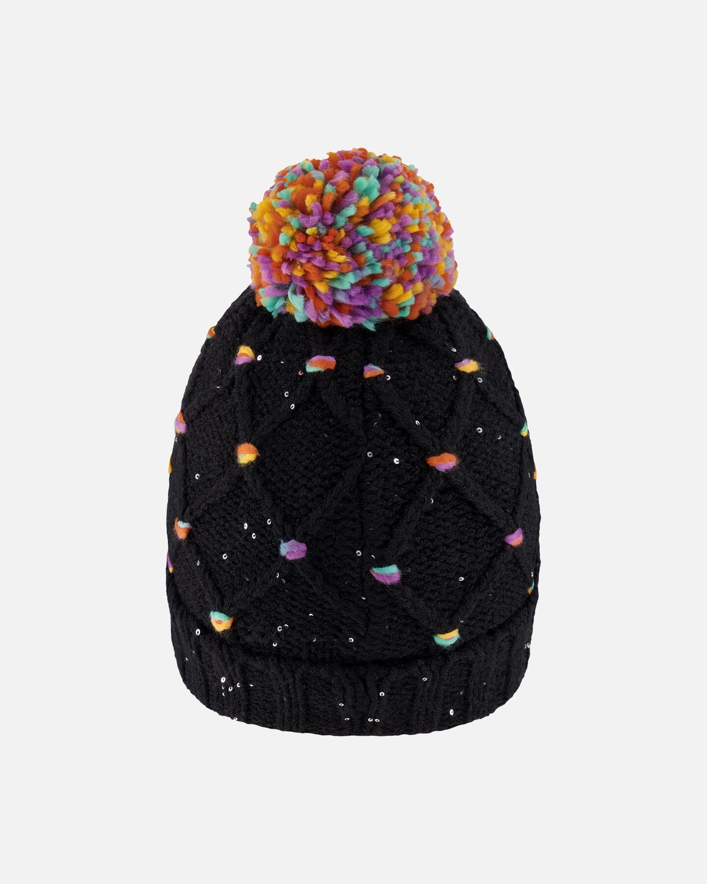 Lined Knit Pompom Hat Black And Multicolor With Little Sequins