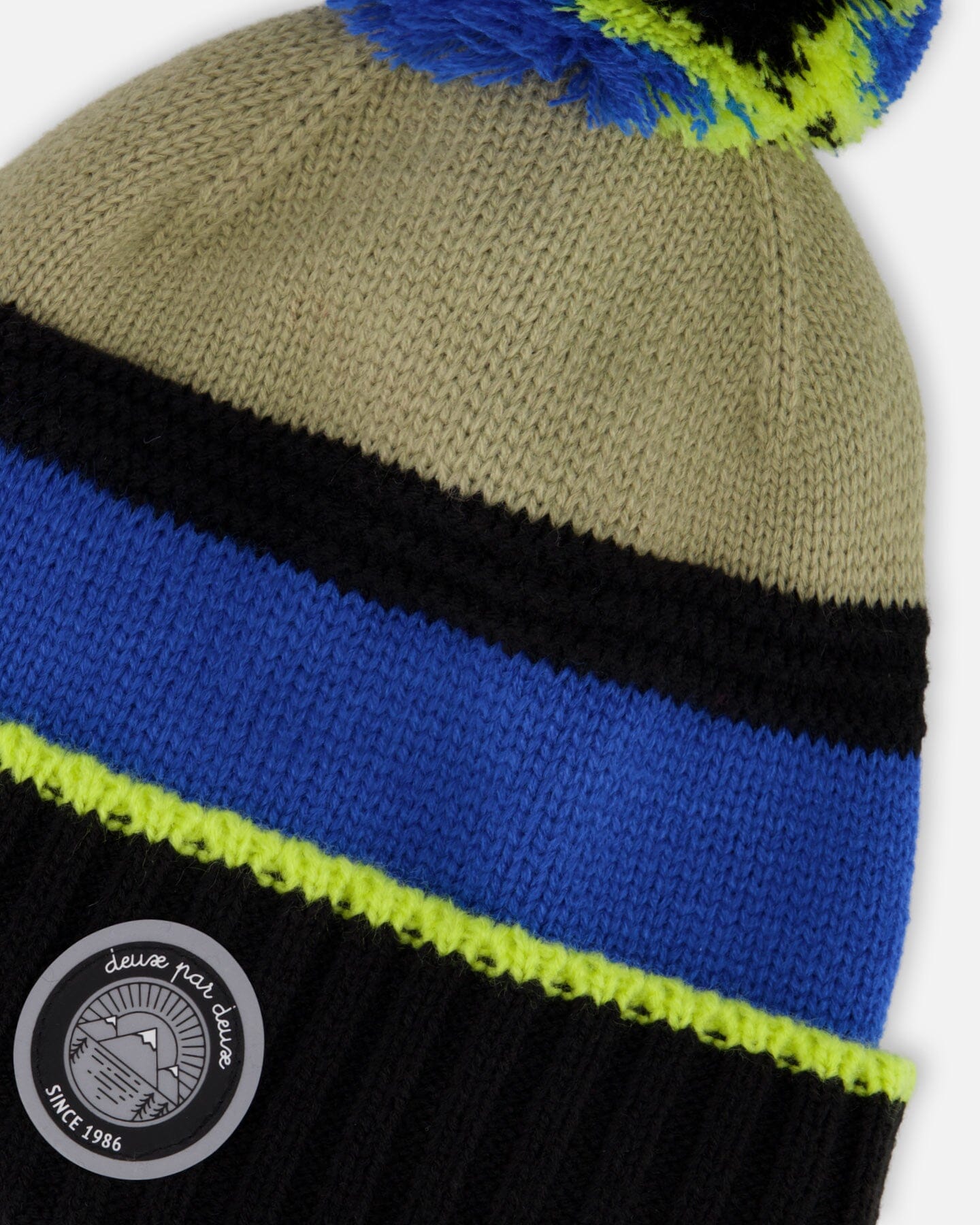 Lined Knit Pompom Hat Black, Taupe And Lime Green