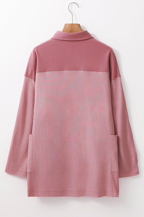 Pink Waffle Long Sleeve Collared Half Button Relaxed Fit Top