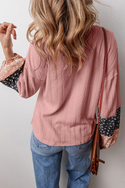 Floral Patchwork Textured Knit V-Neck Blouse